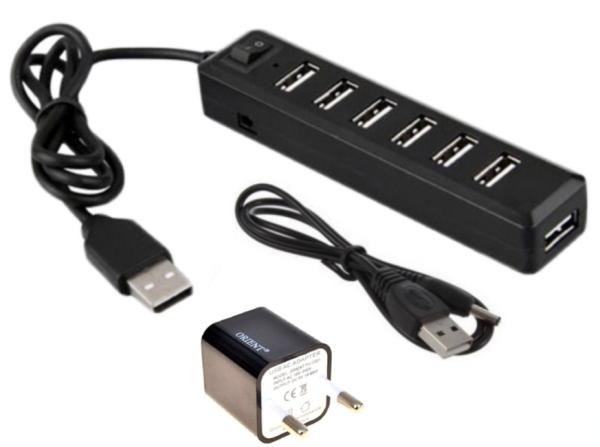 Разветвитель USB2.0  7*AF Orient KE-720, активный, пластик, черный