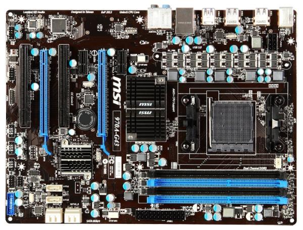 Материнская плата AM3+ MSI 970A-G43 PLUS AMD970/SB950 4DDR3 2*PCI-E2.0x16 PCI-E2.0x1 2*PCI 6*SATAIII RAID5 Звук7.1 USB3.0 COM LAN1Gb ATX