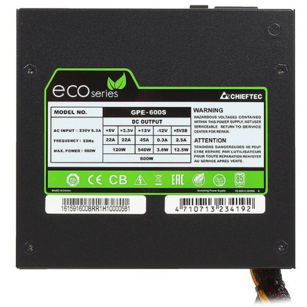 БП для корпуса ATX Chieftec Eco GPE-600S, 600Вт, 20+4pin, 4+4pin(CPU)/ 2*8pin(PCI-E)/ 6pin(PCI-E)/ 2*4pin(molex)/ 6*SATA, 120*120мм, Active PFC