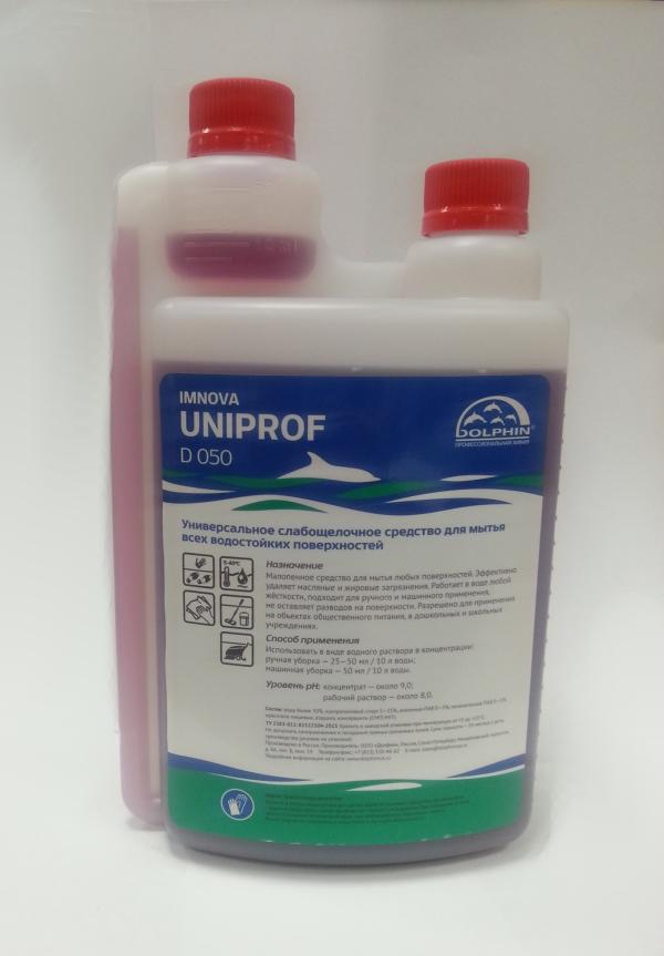 Универсальное чистящее средство Dolphin UniProf D 050, для мытья паркетных полов, ламината, стеклянных и других деликатных поверхностей, малопенное, pH 8, концентрат 25..50мл на 10л, с дозатором, 1л