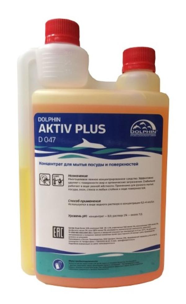 Средство для мытья посуды Dolphin Aktiv plus D 047, пенное, для ручной мойки, pH 7, концентрат 0.5..4мл на 1л, с дозатором, 1л
