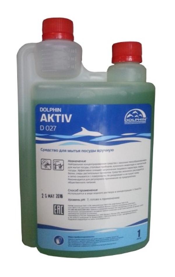 Средство для мытья посуды Dolphin Aktiv D 027, пенное, для ручной мойки, pH 7, концентрат 1..5мл на 1л, дозатор, 1л