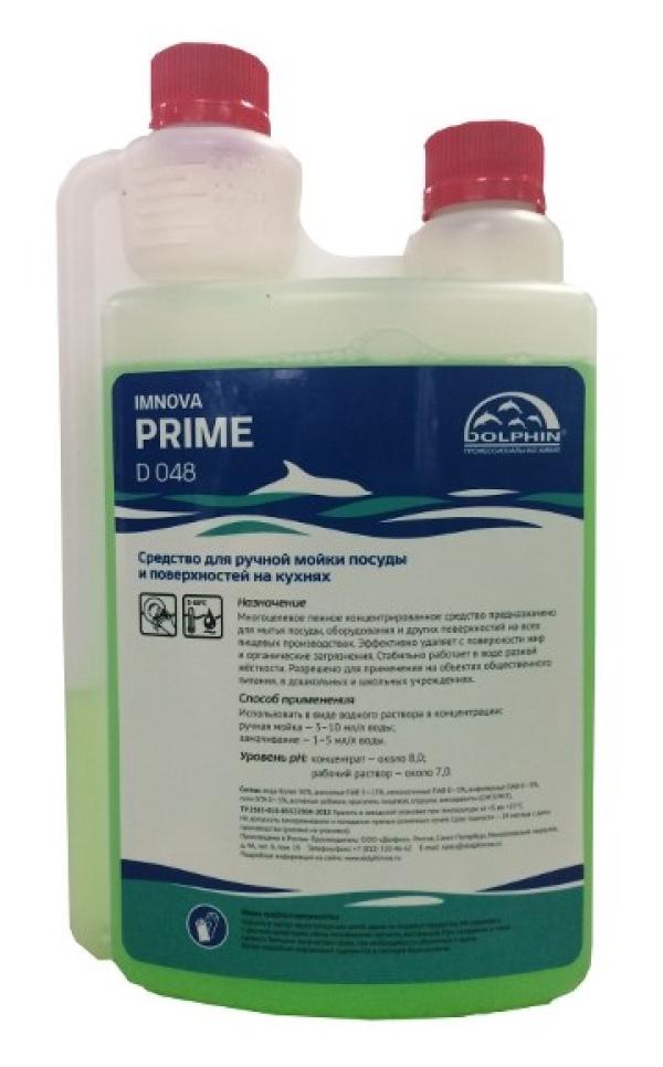 Средство для мытья посуды Dolphin Prime D 048, пенное, для ручной мойки, pH 7, концентрат 5..10мл на 1л, с дозатором, 1л