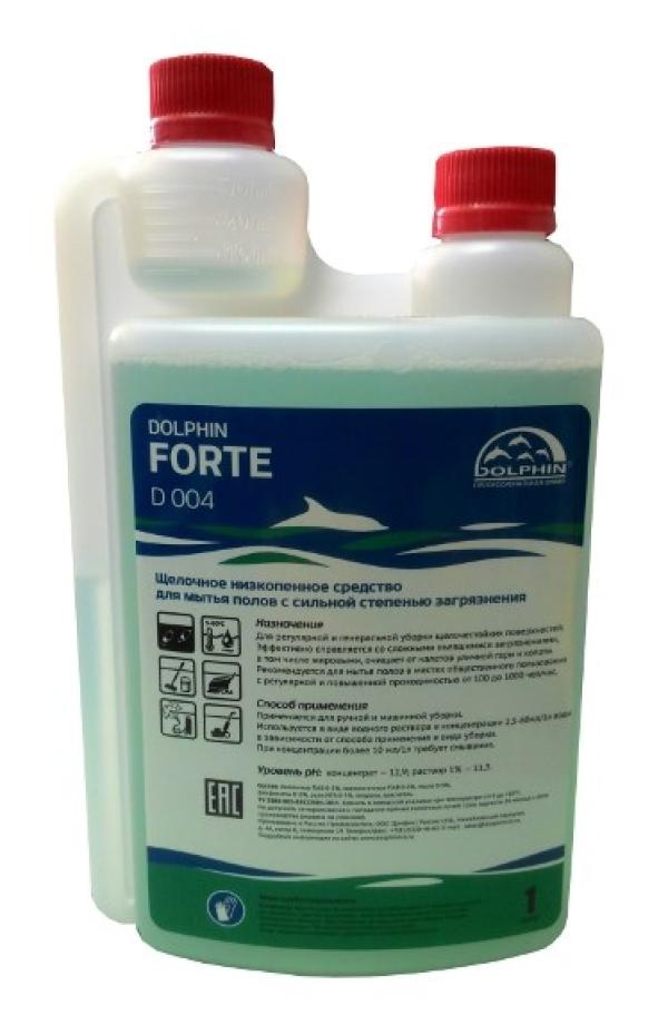 Средство для уборки пола Dolphin Forte D 004, низкопенное, для машинной уборки, pH 11.3, концентрат 2.5..60мл на 1л, щелочное, с дозатором, 1л