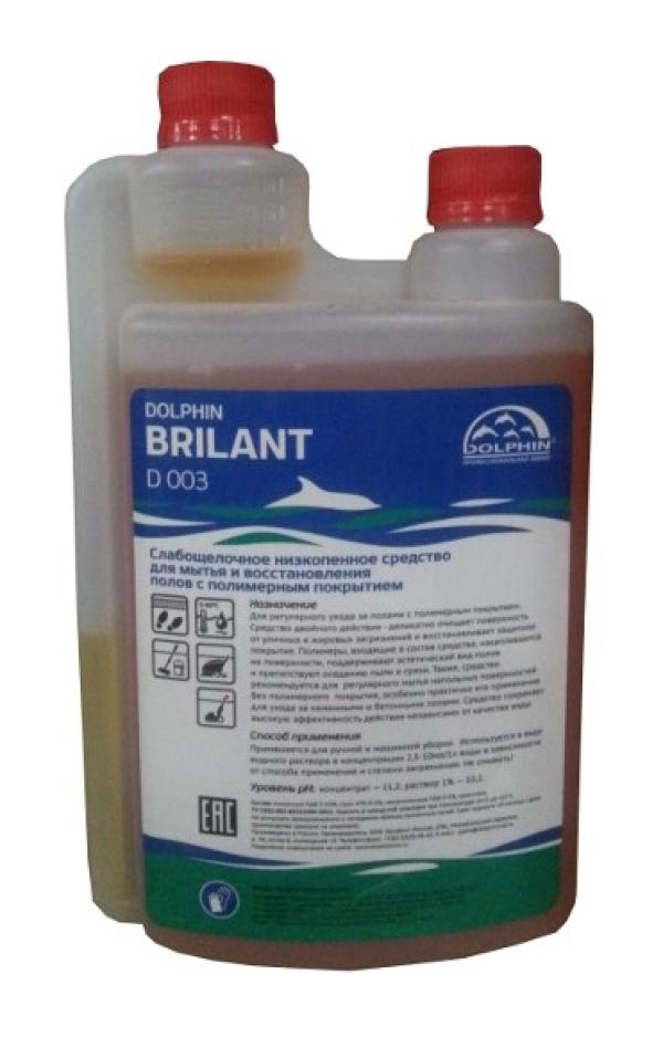 Средство для уборки пола Dolphin Brilant D 003, низкопенное, для машинной уборки, pH 10.2, концентрат 2.5..10мл на 1л, слабощелочное, с дозатором, 1л