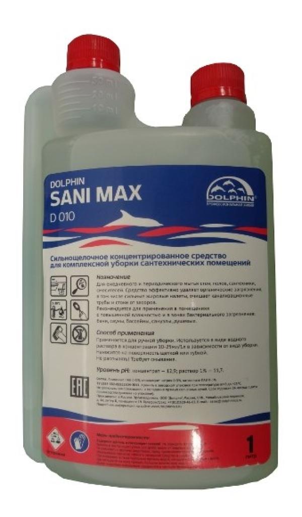 Средство для чистки сантехники, кафеля, плитки Dolphin Sani Max D 010, с антибактериальным действием, для ручной уборки, pH 11.7, концентрат 10..25мл на 1л, сильнощелочное, с дозатором, 1л