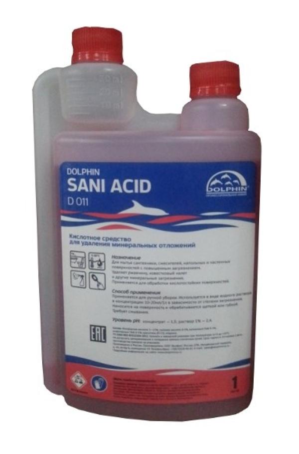Средство для удаления налета и ржавчины Dolphin Sani Acid D 011, для ручной уборки, pH 2.4, концентрат 10..20мл на 1л, кислотное, с дозатором, 1л