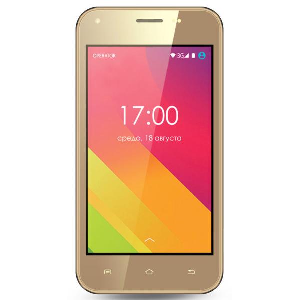 Смартфон 2*sim Ginzzu S4020, 4*1.3ГГц, 4GB, 4" 800*480, SD-micro/SDHC-micro, GSM/3G, GPS, BT, WiFi, G-sensor, радио, 2 камеры 5/1.3Мпикс, Android 5.1, 62*120*9.8мм 140г, золотистый