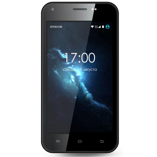 Смартфон 2*sim Ginzzu S4020, 4*1.3ГГц, 4GB, 4" 800*480, SD-micro/SDHC-micro, GSM/3G, GPS, BT, WiFi, G-sensor, радио, 2 камеры 5/1.3Мпикс, Android 5.1, 62*120*9.8мм 140г, черный