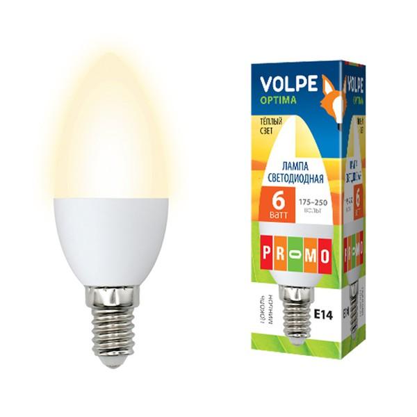 Лампа E14 светодиодная белая Volpe Optima LED-C37-6W/WW/E14/FR/O, 6/40Вт, теплый белый, 3000K, 175..250В, 450Лм, 25000ч, свеча, матовый, 37/100мм