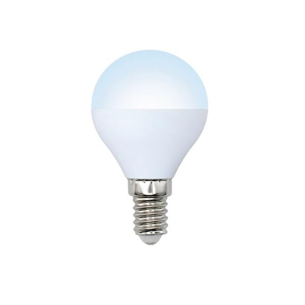 Лампа E14 светодиодная белая Volpe Optima LED-G45-6W/NW/E14/FR/O, 6/40Вт, нейтральный белый, 4500K, 175..250В, 450Лм, 25000ч, шар, матовый, 45/76мм