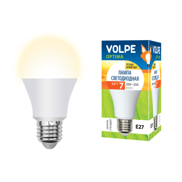 Лампа E27 светодиодная белая Volpe Optima LED-A60-7W/WW/E27/FR/O, 7/60Вт, теплый белый, 3000K, 200..250В, 550Лм, 25000ч, груша, матовый, 60/112мм