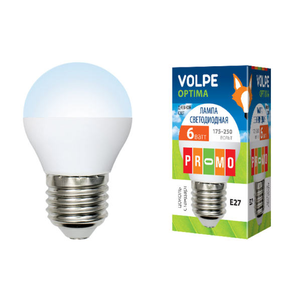 Лампа E27 светодиодная белая Volpe Optima LED-G45-6W/DW/E27/FR/O, 6/40Вт, холодный белый, 6500K, 175..250В, 450Лм, 25000ч, шар, матовый, 45/76мм