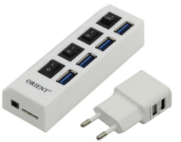 Разветвитель USB3.0 4*AF Orient BC-307PS, активный, пластик, черный
