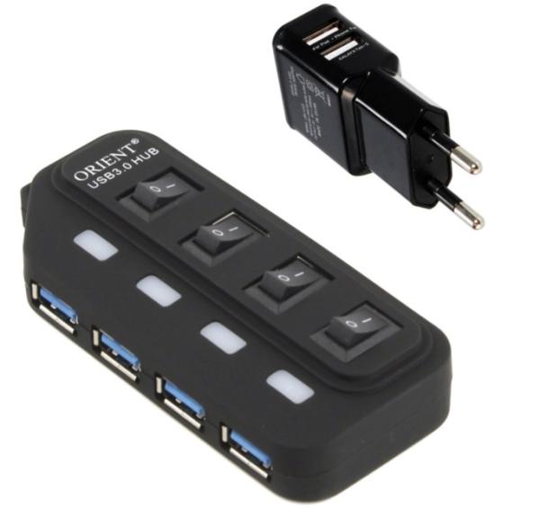 Разветвитель USB3.0 4*AF Orient BC-306PS, активный, пластик, черный