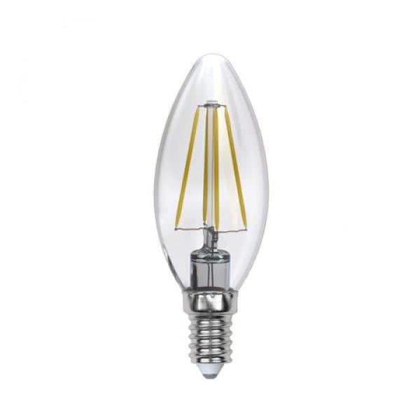 Лампа E14 светодиодная белая Uniel SKY LED-C35-6W/WW/E14/CL PLS02WH, 6/50Вт, теплый белый, 3000К, 200..250В, 500Лм, 30000ч, свеча, филамент, прозрачный, 35/100мм