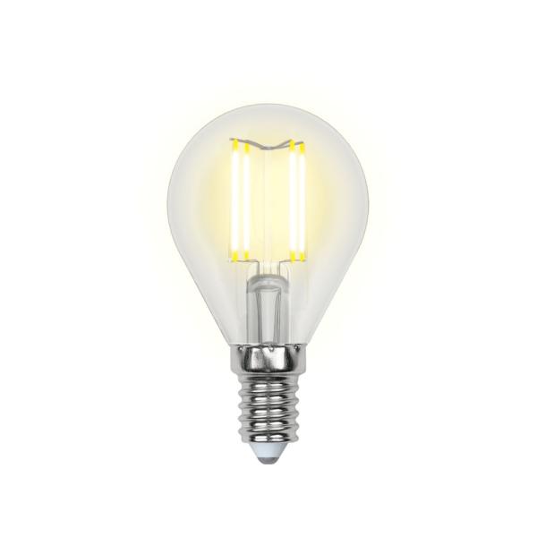 Лампа E14 светодиодная белая Uniel SKY LED-G45-6W/NW/E14/CL PLS02WH, 6/50Вт, нейтральный белый, 4000К, 200..250В, 500Лм, 30000ч, шар, филамент, прозрачный, 35/100мм