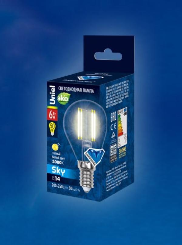 Лампа E14 светодиодная белая Uniel SKY LED-G45-6W/WW/E14/CL PLS02WH, 6/50Вт, теплый белый, 3000К, 200..250В, 500Лм, 30000ч, шар, филамент, прозрачный, 45/70мм