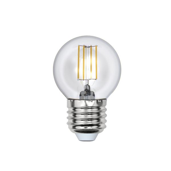 Лампа E27 светодиодная белая Uniel SKY LED-G45-6W/NW/E27/CL PLS02WH, 6/50Вт, нейтральный белый, 4000К, 200..250В, 500Лм, 30000ч, шар, филамент, прозрачный, 45/70мм