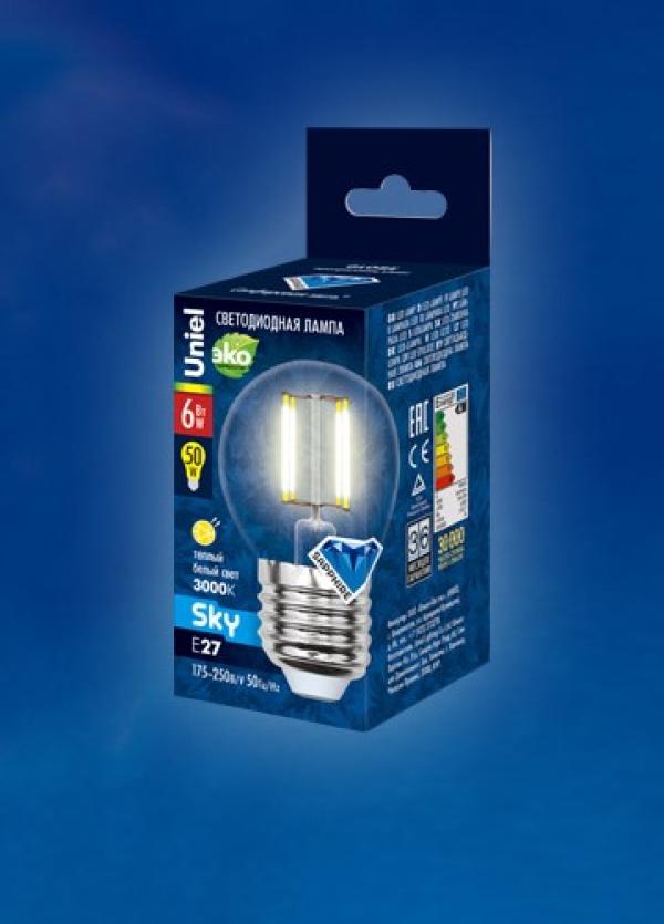 Лампа E27 светодиодная белая Uniel SKY LED-G45-6W/WW/E27/CL PLS02WH, 6/50Вт, теплый белый, 3000К, 175..250В, 500Лм, 30000ч, шар, филамент, прозрачный, 45/70мм