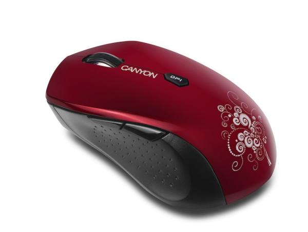 Мышь беспроводная оптическая Canyon CNS-CMSW4R, USB, 6 кнопкок, колесо, FM, 1280/800dpi, 2*AAА, черный-красный с рисунком