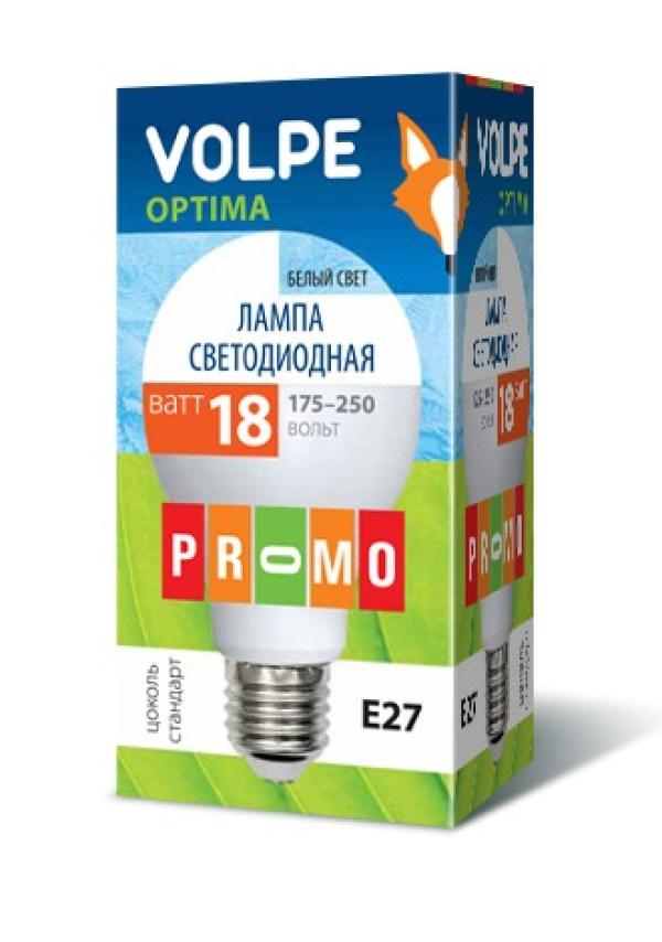 Лампа E27 светодиодная белая Volpe Optima LED-A65-18W/NW/E27/FR/O, 18/150Вт, нейтральный белый, 4500K, 175..250В, 1600Лм, 25000ч, груша, матовый, 65/120мм