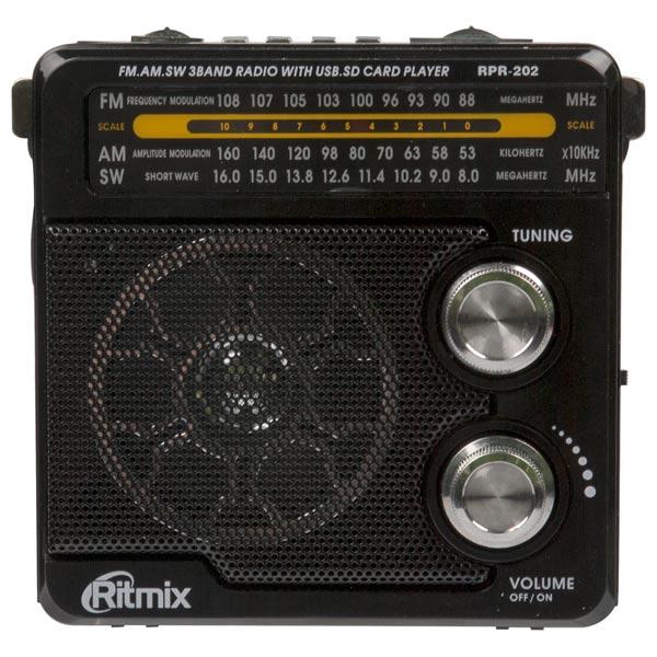 Радиоприемник Ritmix RPR-202 BLACK, MP3/WMA, AM/FM/SW, USB2.0/SD/microSD, MiniJack, светодиодный фонарь, аккумулятор/R20*2шт/220В, черный