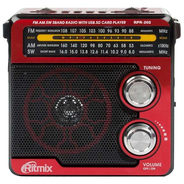 Радиоприемник Ritmix RPR-202 RED, MP3/WMA, AM/FM/SW, USB2.0/SD/microSD, MiniJack, светодиодный фонарь, аккумулятор/R20*2шт/220В, красный