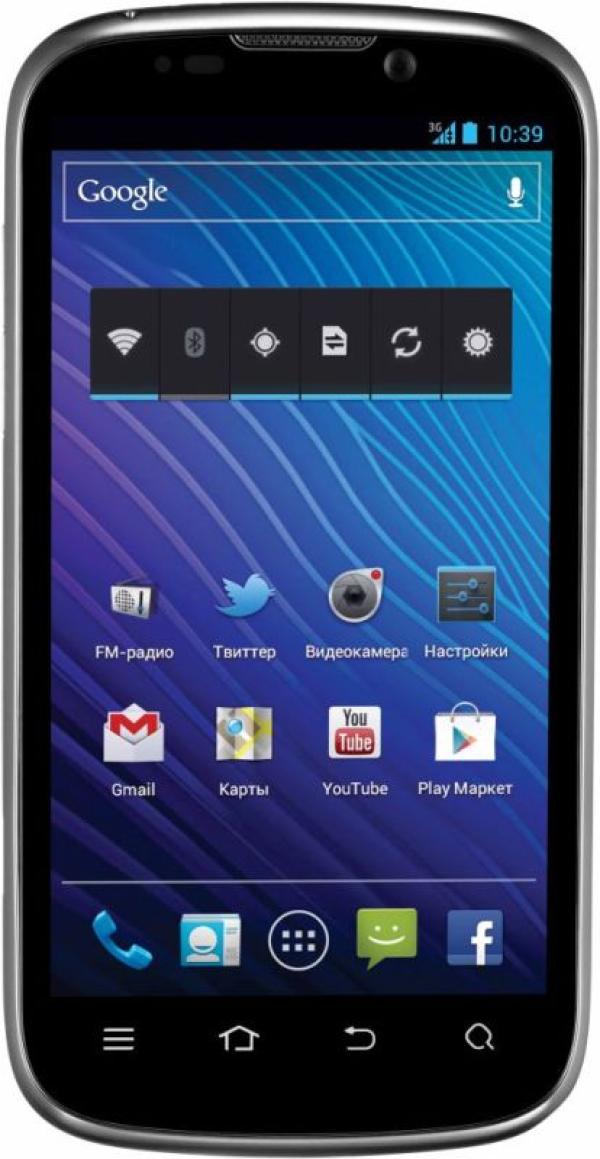 Смартфон ZTE v970, 2*1ГГц, 4GB, 4.3" 960*540, SD-micro, GSM/3G, GPS, BT, WiFi, G-sensor, радио, 2 камеры 5/0.3Мпикс, Android 4.0, 64*127*110мм 130г, 380/10ч, черный