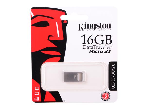 Флэш-накопитель USB3.1  16GB Kingston DataTraveler micro DTMC3/16GB, 100/10МБ/сек, компактный, серебристый, стильный дизайн, металлический корпус