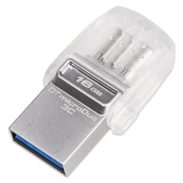 Флэш-накопитель USB3.1  16GB Kingston DataTraveler microDuo 3C DTDUO3C/16GB, 100/10МБ/сек, OTG USB Type C, компактный, прозрачный, стильный дизайн