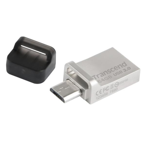 Флэш-накопитель USB3.0  64GB Transcend JetFlash 880 TS64GJF880S, OTG USB micro-B, пылезащищенный, водонепроницаемый, компактный, черный-серебристый, стильный дизайн, металлический корпус