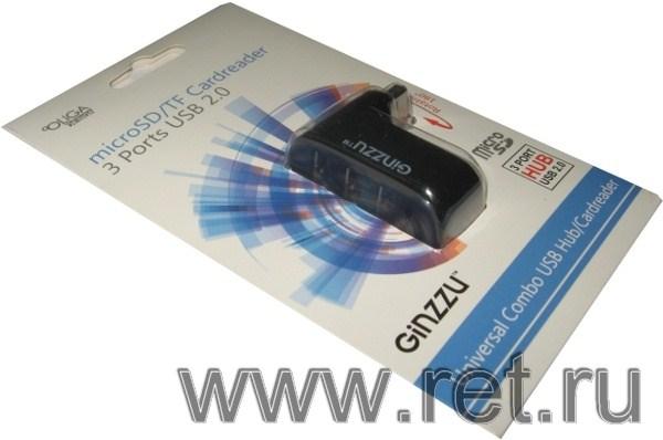 Разветвитель USB2.0  3*AF Ginzzu GR-413UB, пассивный, SD-micro, пластик, черный