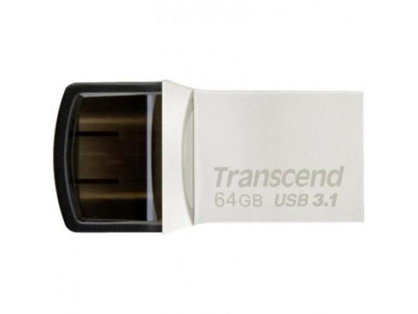 Флэш-накопитель USB3.1  64GB Transcend JetFlash 890 TS64GJF890S, 90/30МБ/сек, OTG USB Type C, пылезащищенный, водонепроницаемый, компактный, черный-серебристый, стильный дизайн, металлический корпус