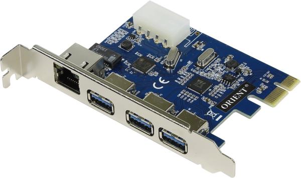 Контроллер USB3.0 Orient VA-3U3A88PE, PCI-Ex1, 3*Ext, 1*GLAN