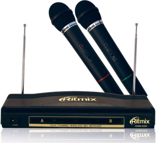 Комплект микрофоны беспроводные Ritmix RWM-220, 2 ручных микрофона + приёмник, 50..16000Гц, FM до 30м, динамический, 60дБ, черный