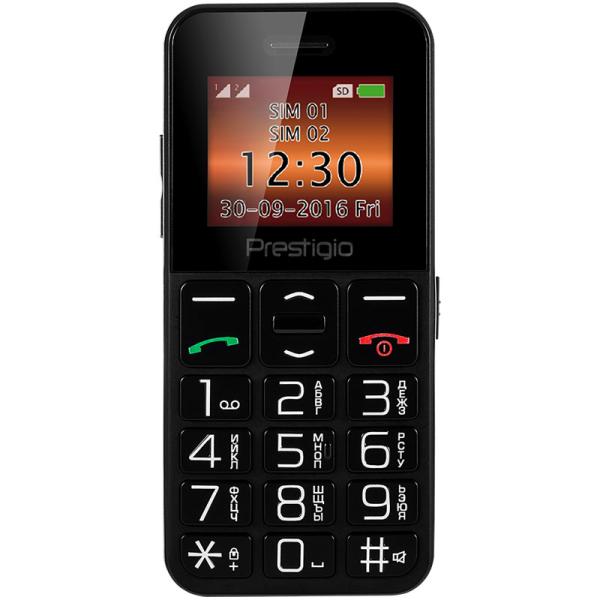Мобильный телефон 2*SIM Prestigio Wize E1 (PFP1182D), GSM900/1800, 1.77" 160*128, камера 0.08Мпикс, SD-micro/SDHC-micro, большие клавиши, кнопка SOS, черный