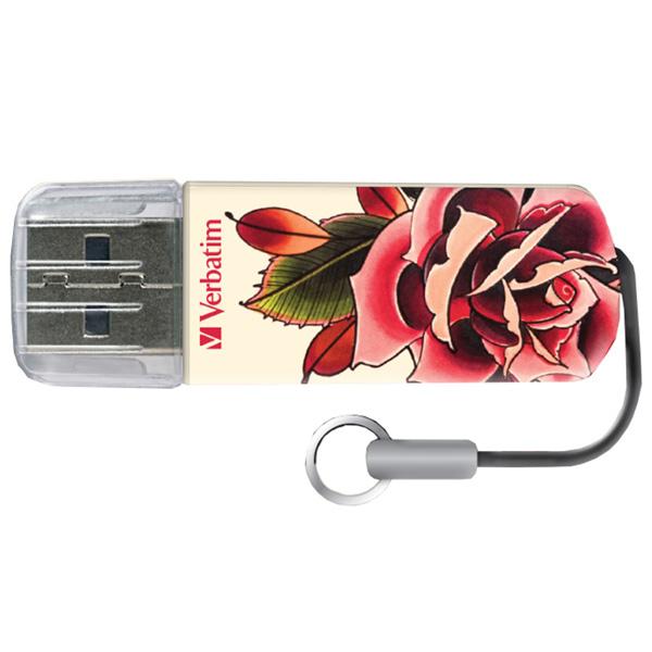 Флэш-накопитель USB2.0   8GB Verbatim Mini Tattoo Edition 49881, 8/2.5MB/s, белый, роза
