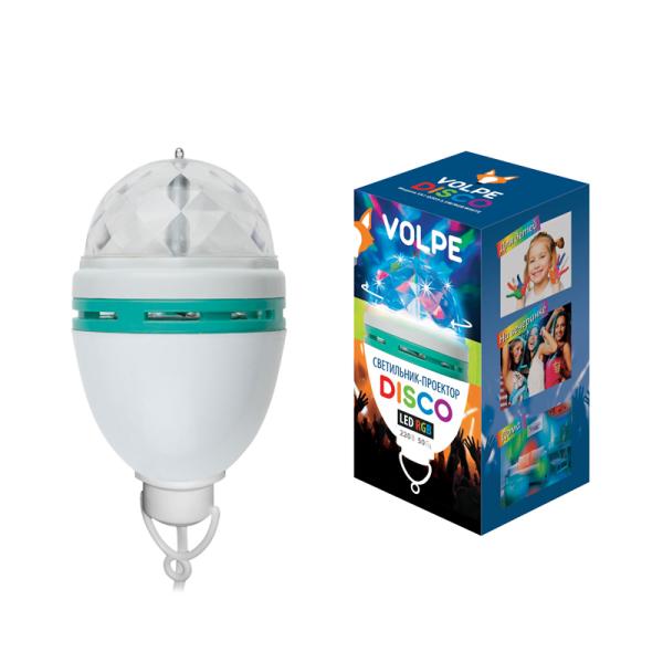 Диско лампа Volpe ULI-Q303, RGB, 2.5W, кабель с вилкой, 220В, вращение/стробоскоп, белый