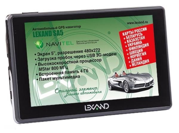 GPS навигатор автомобильный Lexand SA5, 64 каналов, 4GB, ЖКД 5" 480*272, SD-micro, USB2.0, подсветка, сенсорный экран, Li-Ion, 2ч, Навител Навигатор 8.7, 135*85*10мм 160г