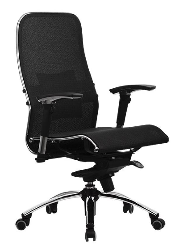 Кресло Метта Samurai S-3, черный плюс, ткань-непрозрачная сетка/кожа, механизм качания MB, Т-образные подлокотники, крестовина-металл, регулировка высоты-газлифт, до 120кг