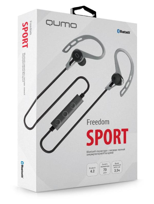 Наушники с микрофоном беспроводные BT вставные QUMO Freedom Sport (BT-0012), Bluetooth 4.2, A2DP/HFP/HSP, USB, регулятор громкости, 3.5ч, для спорта, черный-серебристый