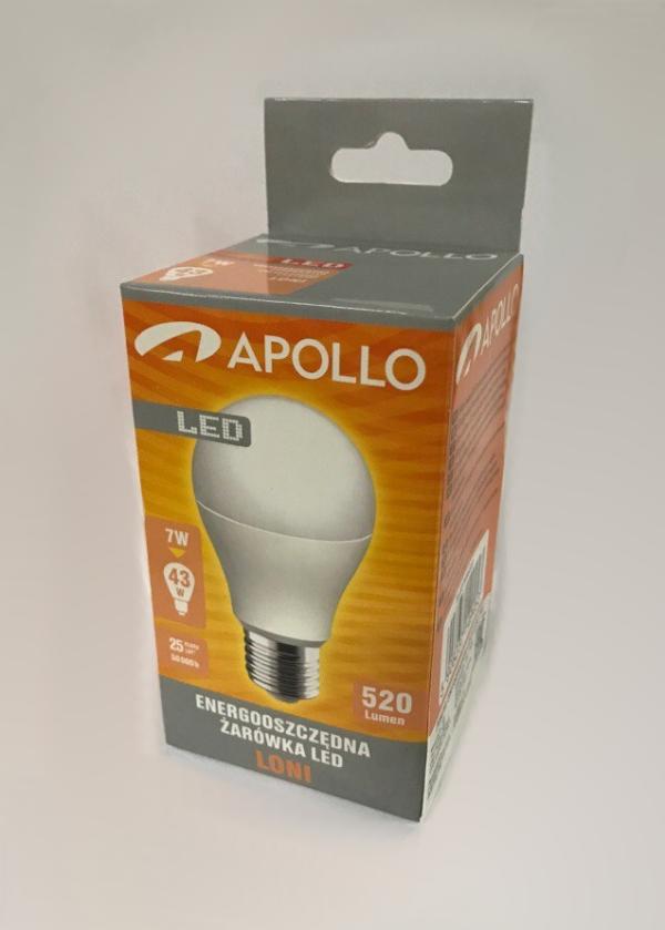Лампа E27 светодиодная белая Apollo LED A60 7W ELED7WW-E27, 7/43Вт, теплый белый, 3000К, 220..240В, 520Лм, 50000ч, груша, матовый, 60/108мм