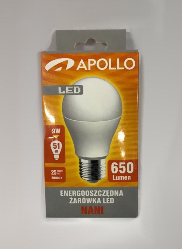 Лампа E27 светодиодная белая Apollo LED A60 9W ELED9WW-E27, 9/51Вт, теплый белый, 3000К, 175..250В, 650Лм, 50000ч, груша, матовый, 60/108мм