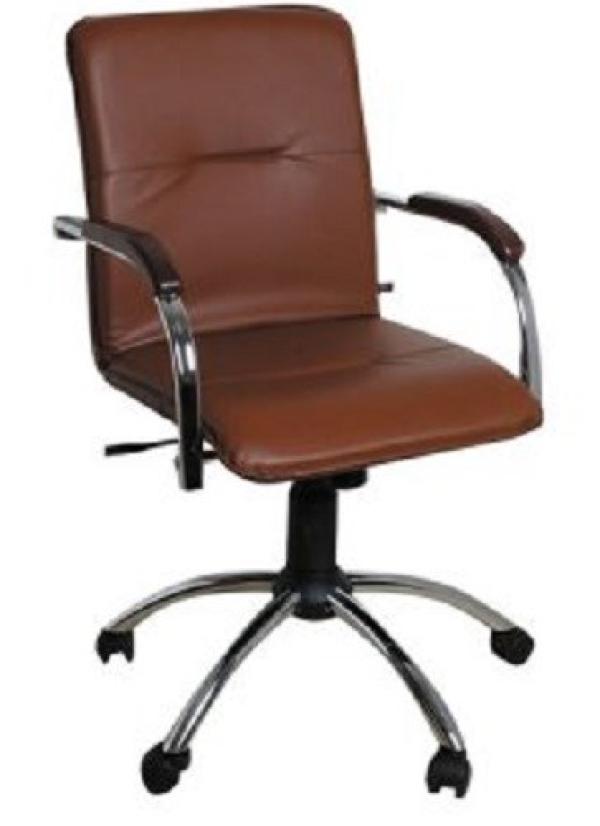 Кресло NS SAMBA GTP RU LE-I 1.031, светло-коричневый, кожа, закругленные подлокотники с деревянными накладками, орех, крестовина - хром, регулировка высоты сидения-газлифт, до 120кг