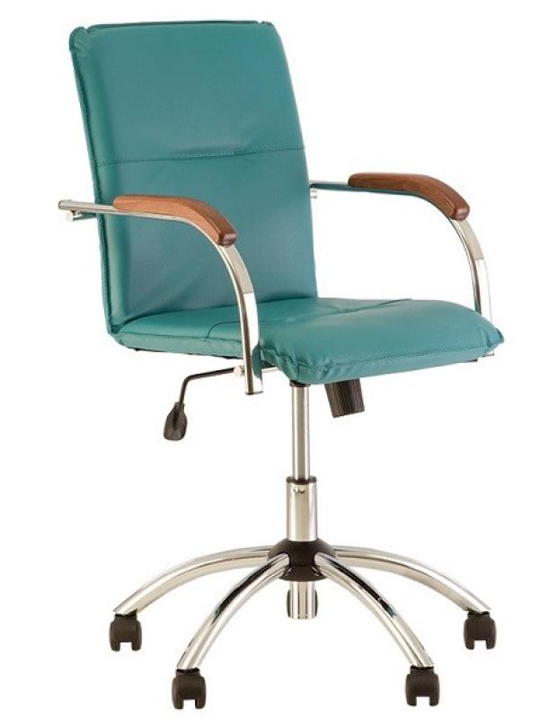 Кресло NS SAMBA GTP RU V-20 1.007, бирюзовый, кожзаменитель, закругленные подлокотники с деревянными накладками, бук, крестовина - хром, регулировка высоты сидения-газлифт, до 120кг