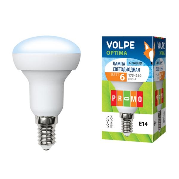 Лампа E14/R50 светодиодная Volpe Optima LED-R50-6W/NW/E14/FR/O, 6/40Вт, нейтральный белый, 4500К, 175..250В, 450Лм, 25000ч, рефлектор, матовый, 50/87мм