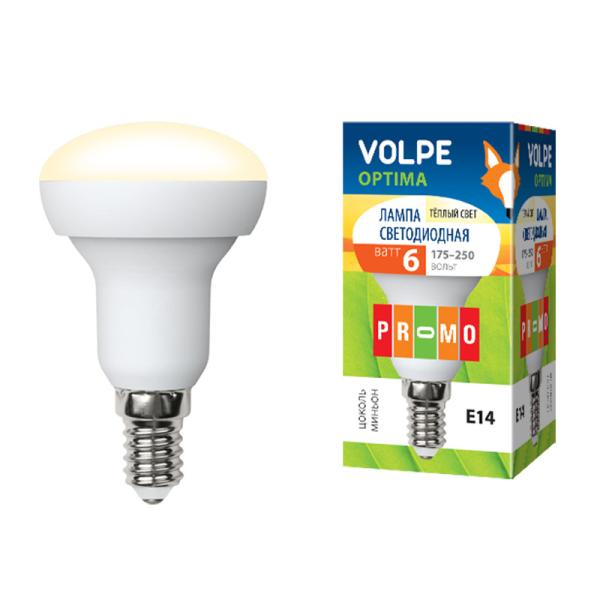 Лампа E14/R50 светодиодная Volpe Optima LED-R50-6W/WW/E14/FR/O, 6/40Вт, теплый белый, 3000К, 175..250В, 450Лм, 25000ч, рефлектор, матовый, 50/87мм
