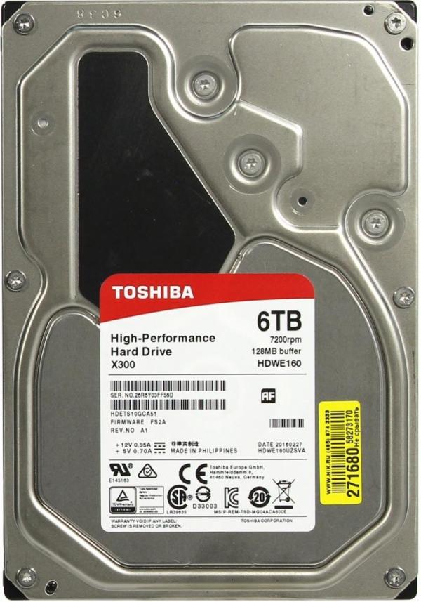 Жесткий диск 3.5" SATA 6TB Toshiba X300 HDWE160UZSVA, SATAIII, 7200rpmr, 128MB cache, AF