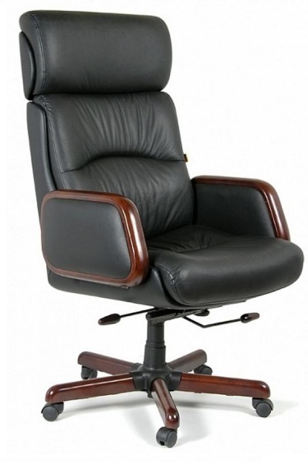 Кресло Chairman CH 417, черный, кожа, механизм качания MB, закругленные подлокотники с деревянными накладками, крестовина-дерево, орех, регулировка высоты сиденья - газлифт, до 120кг